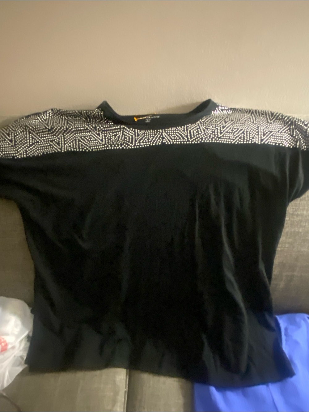 Roaman's Black Short-Sleeve Crewneck with Silver Beading Geometric Yoke